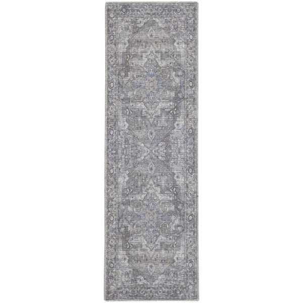 HomeRoots Gray 2 ft. x 10 ft. Floral Power Loom Distressed Washable Runner Rug