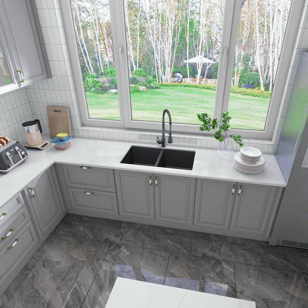 Sinber 32" Black Stainless Steel Double Bowl Undermount Kitchen Sink