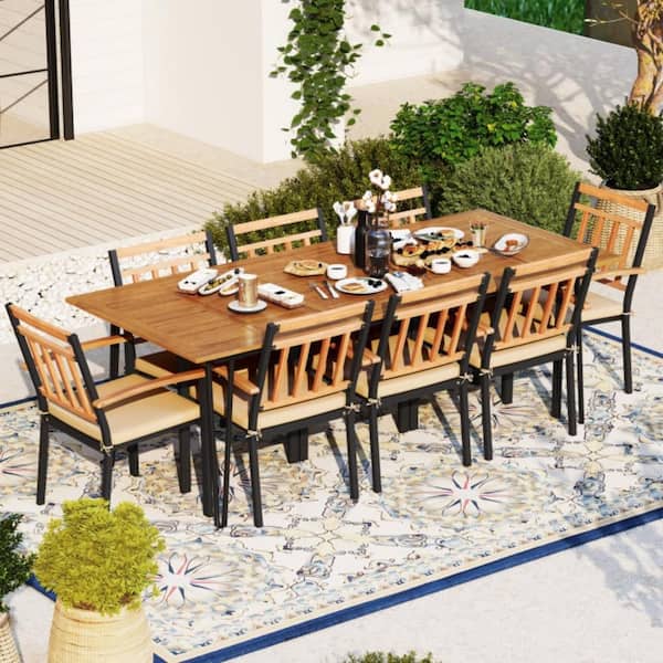 9-Piece Metal Outdoor Dining Set with Beige Cushions and 2 in. Umbrella Hole