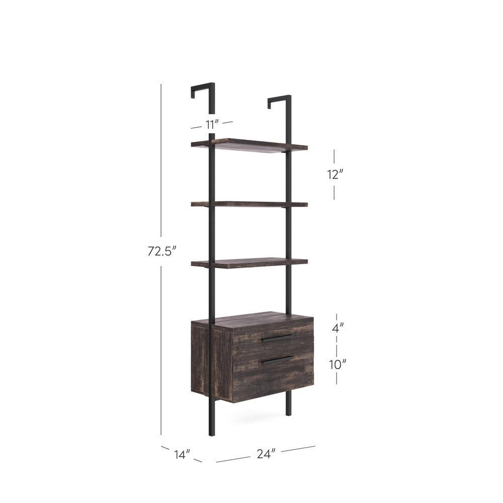 Nutmeg & Black Wood Ladder Bookshelf with Easy-Glide Drawers