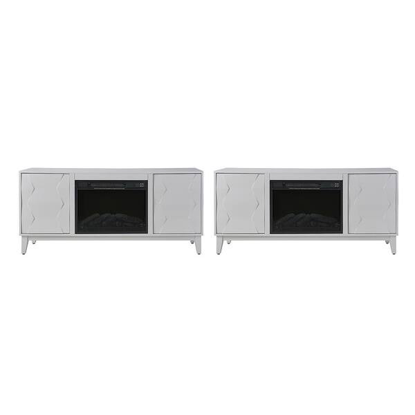 JAYDEN CREATION Carol White 58" Media Console TV Stand for TVs Up to 55" With Electric Fireplace Included Set of 2