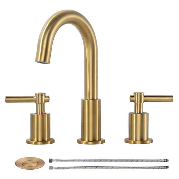 8 in. Widespread Double-Handle High-Arc Bathroom Faucet with Pop-Up Drain 3-Hole Spot Resistant Spout in Brushed Gold