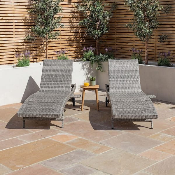 Grey Wicker Adjustable Outdoor Chaise Lounge Set of 2 with Wheels, Reclining Backrest and Pull-Out Side Table