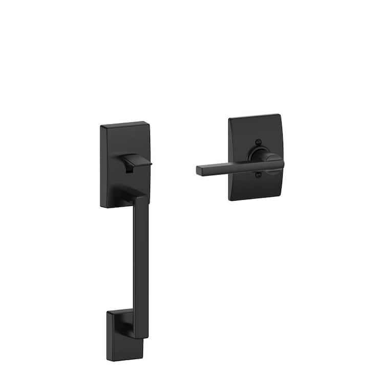 Schlage Century Matte Black Door Handleset Grip with Latitude Door Handle and Century Trim