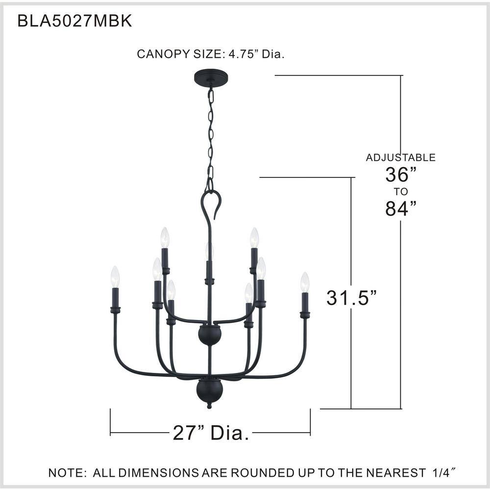 Blanche Matte Black 27" Steel 9-Light Chandelier