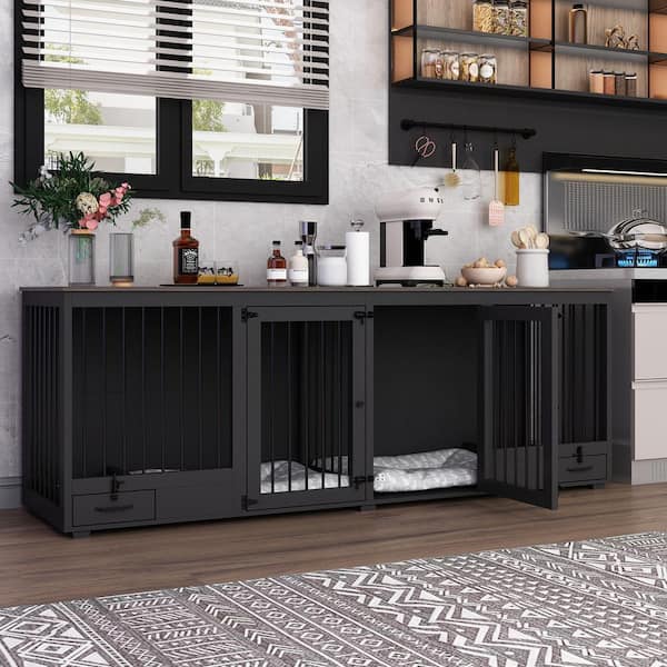 Black Modern Dog Crate with Dog Feeding Area, Large Furniture Style Dog Kennel with Removable Irons for 2 Medium Dogs