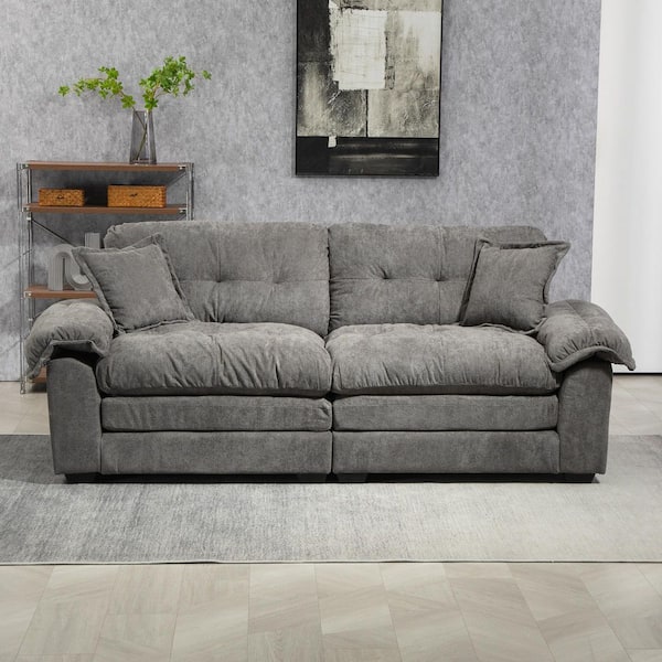 Modern 84 in. W Grey Chenille 2-Seater Loveseat with 2-Pillows