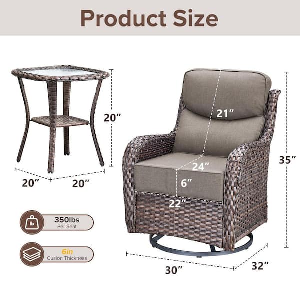 6 in Thicken Brown 3-Pieces Outdoor Patio Conversation Rocking Chair Swivel Glide with Table and Gray Cushions