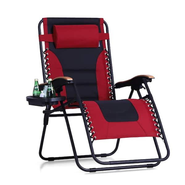 Unbranded Metal Outdoor Recliner Adjustable Folding Patio Lounge Chair with Red Cushion