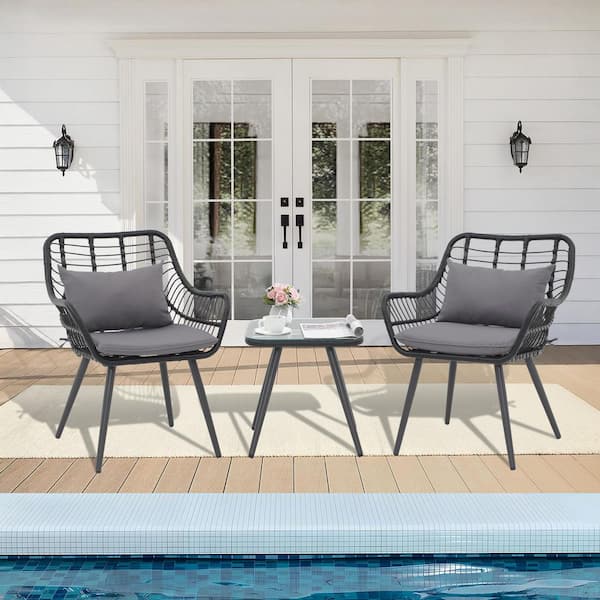 3-Piece Wicker Grey Outdoor Bistro Set Patio Conversation Set with Grey Cushions, Tempered Glass Side Table