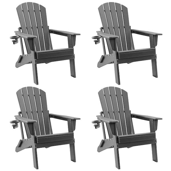 HDPE Folding Adirondack Chair with Cup Holder, Weather-Resistant, Low Maintenance, Supports up to 400lbs, Grey, 4 Pack