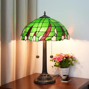 23 in. Tiffany Style Bronze Finish Table Lamp with Green Beads Stained Glass Lamp Shade