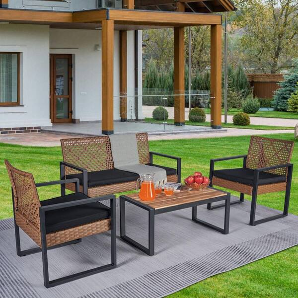 Unbranded 4-Piece Black and Light Brown Outdoor Patio Conversation Set for Balcony Porch Garden Backyard Lawn with Black Cushion