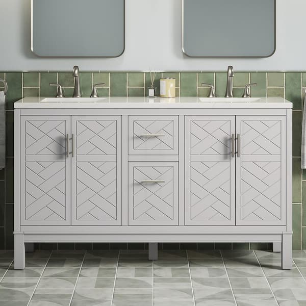 KOHLER Accra 60 in. W x 19.2 in. D x 36.1 in. H Double Sink Freestanding Bath Vanity in Atmos Grey with Quartz Top