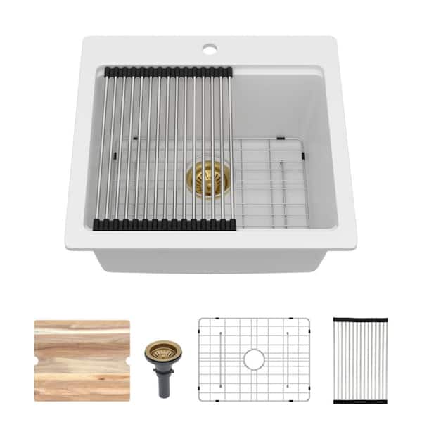 21 in. x 20 in. x 9-5/8 in. White Quartz Composite Workstation Drop-In Kitchen Sink