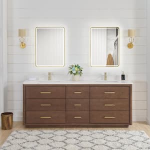 Porto 84 in. W x 22 in. D x 33.8 in. H Double Sink Bath Vanity in Dark Brown with White Quartz Stone Top