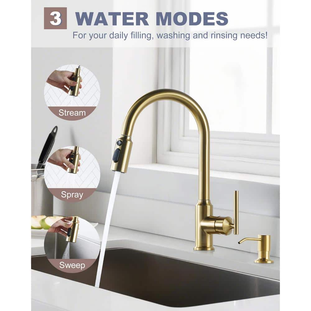 Gold Stainless Steel Pull Down Kitchen Faucet with Soap Dispenser