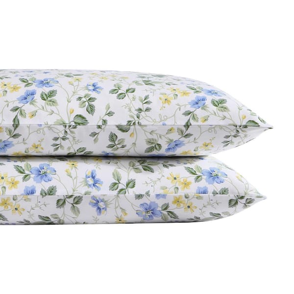 Laura Ashley Meadow Floral 2-Piece Blue Cotton Standard Pillowcase