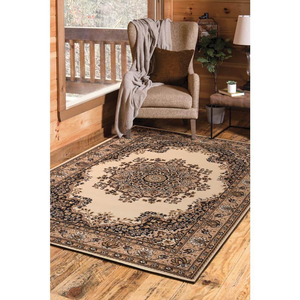 Ivory and Brown Synthetic Rectangular 5' x 7' Area Rug