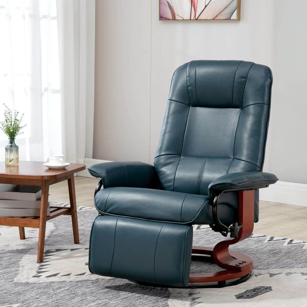 Blue Faux Leather Swivel Recliner with Wood Base