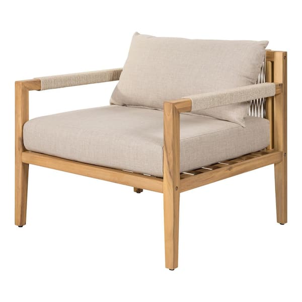 Natural acacia wood lounge chair with beige cushions on a white background.