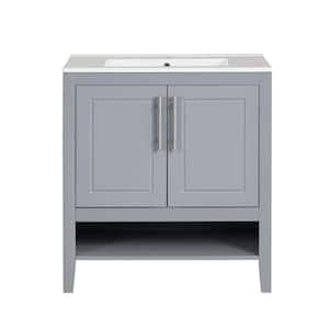 30 in. Grey Wood Console Sink Freestanding Bathroom Vanity Basin Combo with Integrated Ceramic Sink and Doors, Drawers