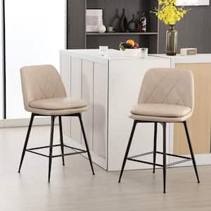 29 in. Beige Faux Leather Upholstered Metal Leg Counter Height Swivel Bar Stool (Set of 2)