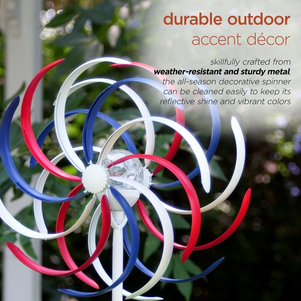 68" Tall Red, White, and Blue Iron Wind Spinner with Solar LED Light