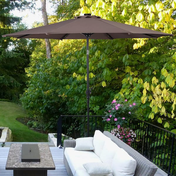 10 ft. Steel Market Tilt Patio Solar Umbrella LED with Crank in Tan
