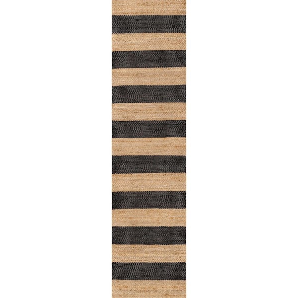 Jayden Rustic Farmhouse Woven Jute Stripe Natural/Black 2 ft. x 10 ft. Runner Rug