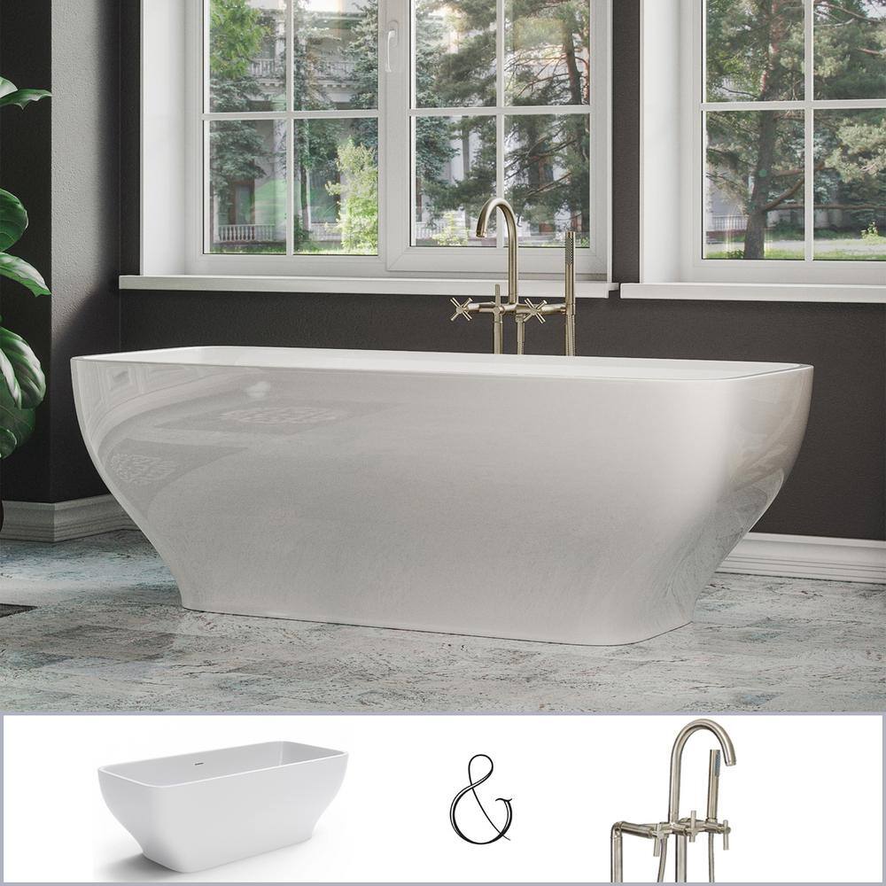 PELHAM & WHITE Oxford 67 in. Acrylic Curvy Rectangle Freestanding Bathtub in White, Floor-Mount Faucet in Brushed Nickel, BN -  PW9420078-BN