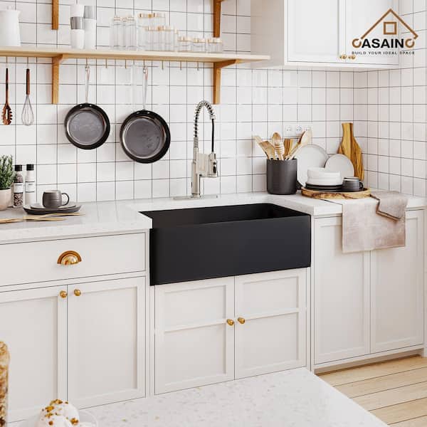 Fireclay 33 in. Single Bowl Farmhouse Apron Kitchen Sink with Grid and Strainers in Matte Black With cUPC Certified