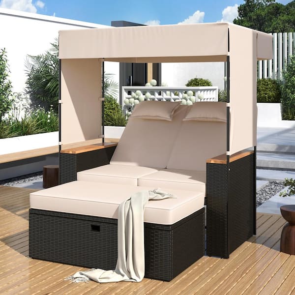 Unbranded 2-Piece Wicker Outdoor Day Bed, Patio Bench Lounge Roof Set, UV Protection, Adjustable Backrest with Beige Cushions
