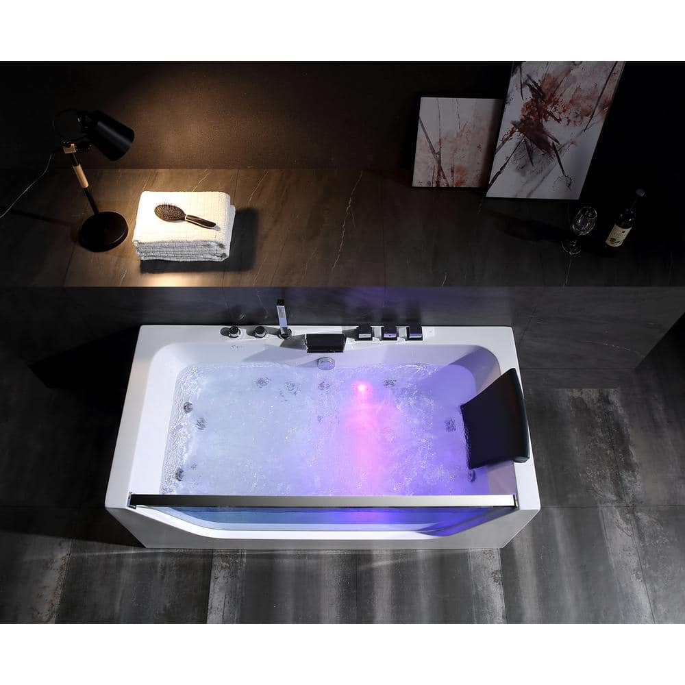59-Inch White Acrylic Rectangular Whirlpool Bathtub with Jets and Blue Glass Panel