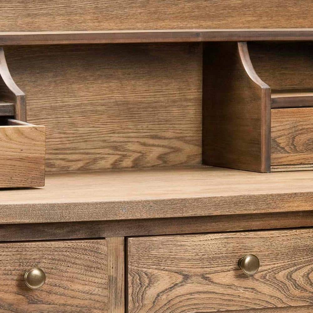 Transitional Oak 5-Drawer Writing Desk with Hutch and Cubbies