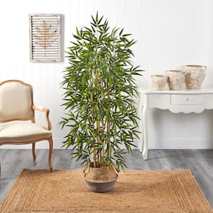 64 in. Green Bamboo Artificial Tree Natural Bamboo Trunks in Boho Chic Handmade Cotton & Jute Gray Woven Planter