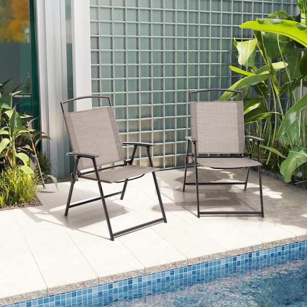 Beige Textilene Fabric Metal Folding Chair (Set of 2)