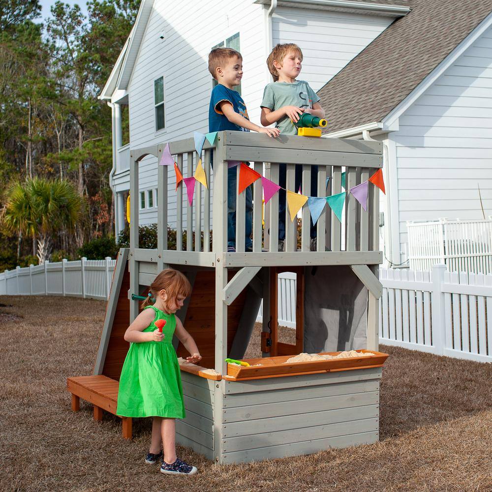 Funphix Outdoor Wooden Playhouse with Climbing Ramp and Telescope