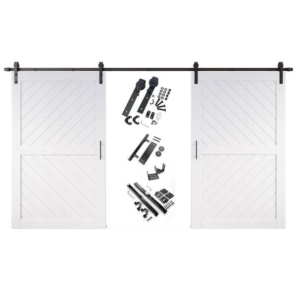 HOMACER XT3 50 in. x 80 in. C-Panel White Slanted Stripe Design Double Pine Wood Sliding Barn Door with Hardware Kit