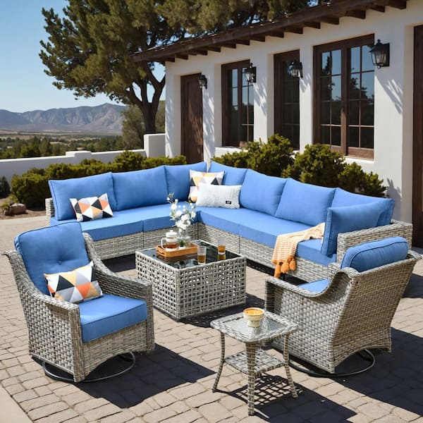 Howell 10-Piece Wicker Outdoor Patio Conversation Sofa Furniture Set with Swivel Rocking Chairs and Sky Blue Cushions