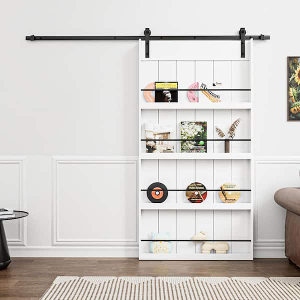 42 in. x 84 in. Easy Install White Primed Composite MDF Storage Style Shelves Sliding Barn Door with Hardware Kit