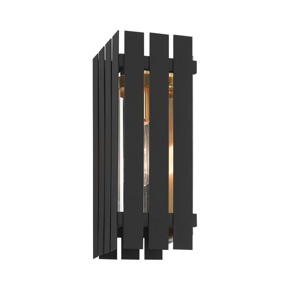 Black and Satin Brass Dimmable Outdoor Wall Lantern with Clear Glass