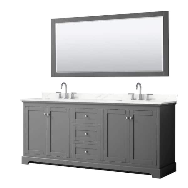 Wyndham Collection Avery 80 in. W x 22 in. D x 35 in. H Double Bath Vanity in Dark Gray with Giotto Quartz Top and 70 in. Mirror