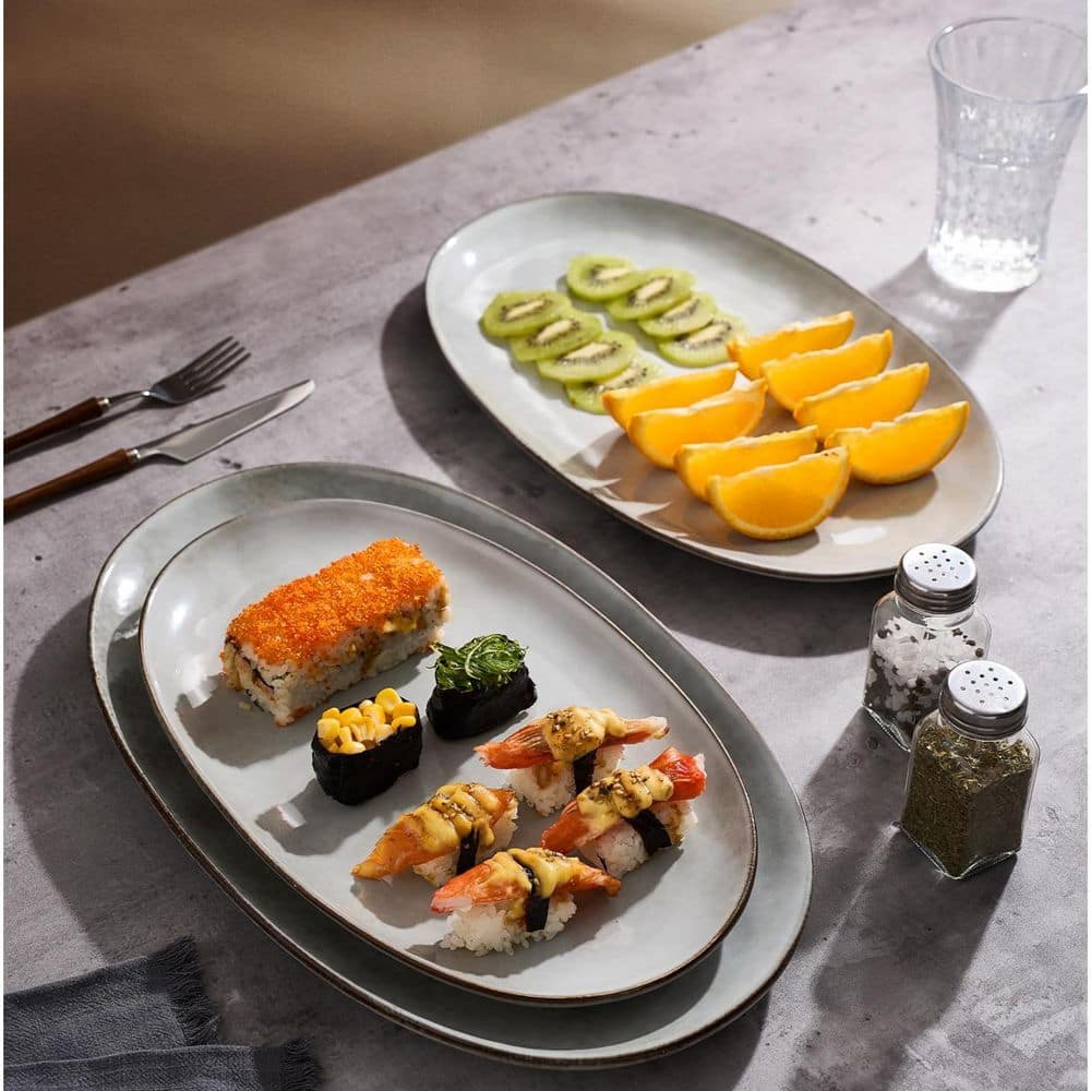 Angel Sar Gray Oval Stoneware Serving Platters with Wave Design ...