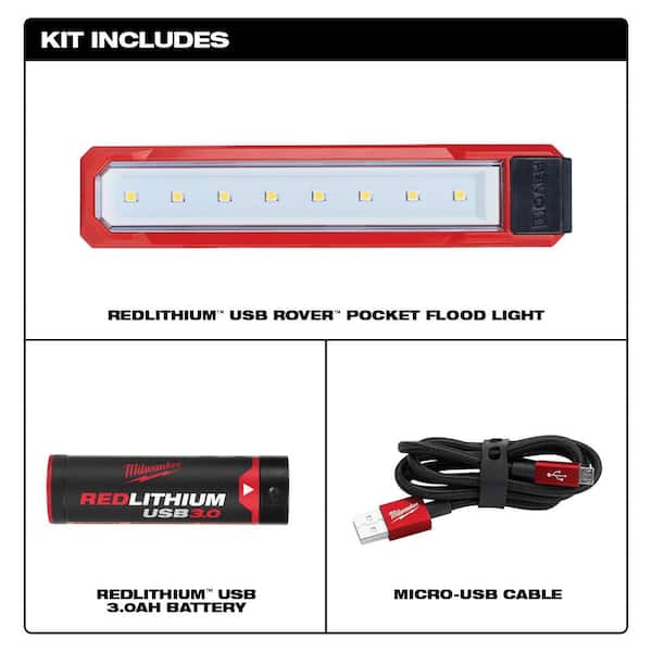 Milwaukee 445 Lumens LED REDLITHIUM USB Rover Pocket Flood Light with Extra  USB 3.0 Ah Battery 2112-21-48-11-2131 - The Home Depot