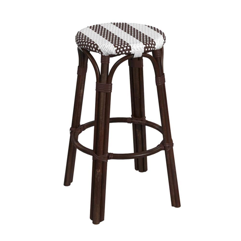 Butler Specialty Company Tobias 30 in. White and Brown Stripe Backless Round Rattan Bar Stool, White-Brown Stripe/ Dark Brown Rattan Frame -  9370403