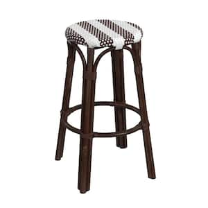 Tobias 30 in. White and Brown Stripe Backless Round Rattan Bar Stool