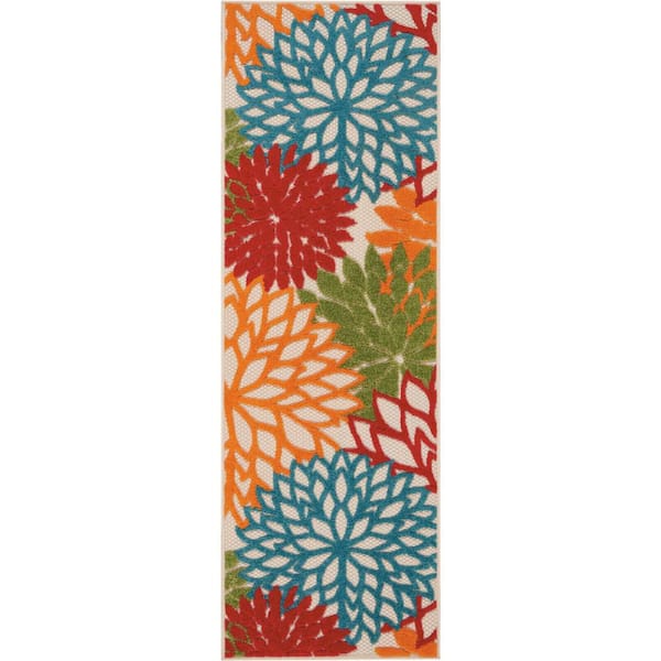 Nourison Aloha Green 2 ft. x 6 ft. Runner Floral Modern Indoor/Outdoor Patio Kitchen Area Rug