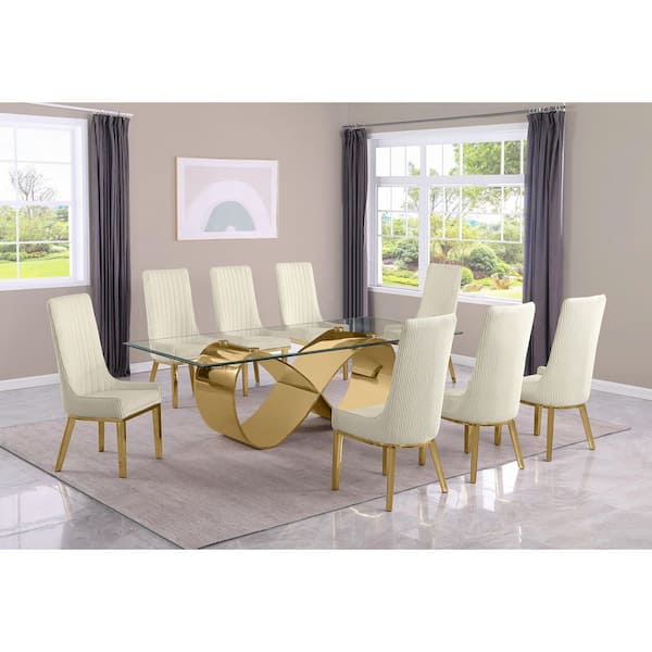 Best Quality Furniture Celia 9-Piece Clear Tempered Glass Top with Gold Stainless Steel Base Dining Set with 8 Cream Fabric Chairs