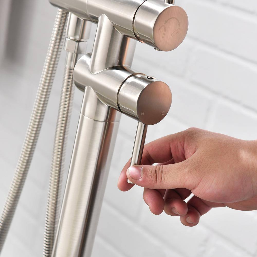 Brushed Nickel Freestanding Floor Mount Tub Filler Faucet with Handheld Shower